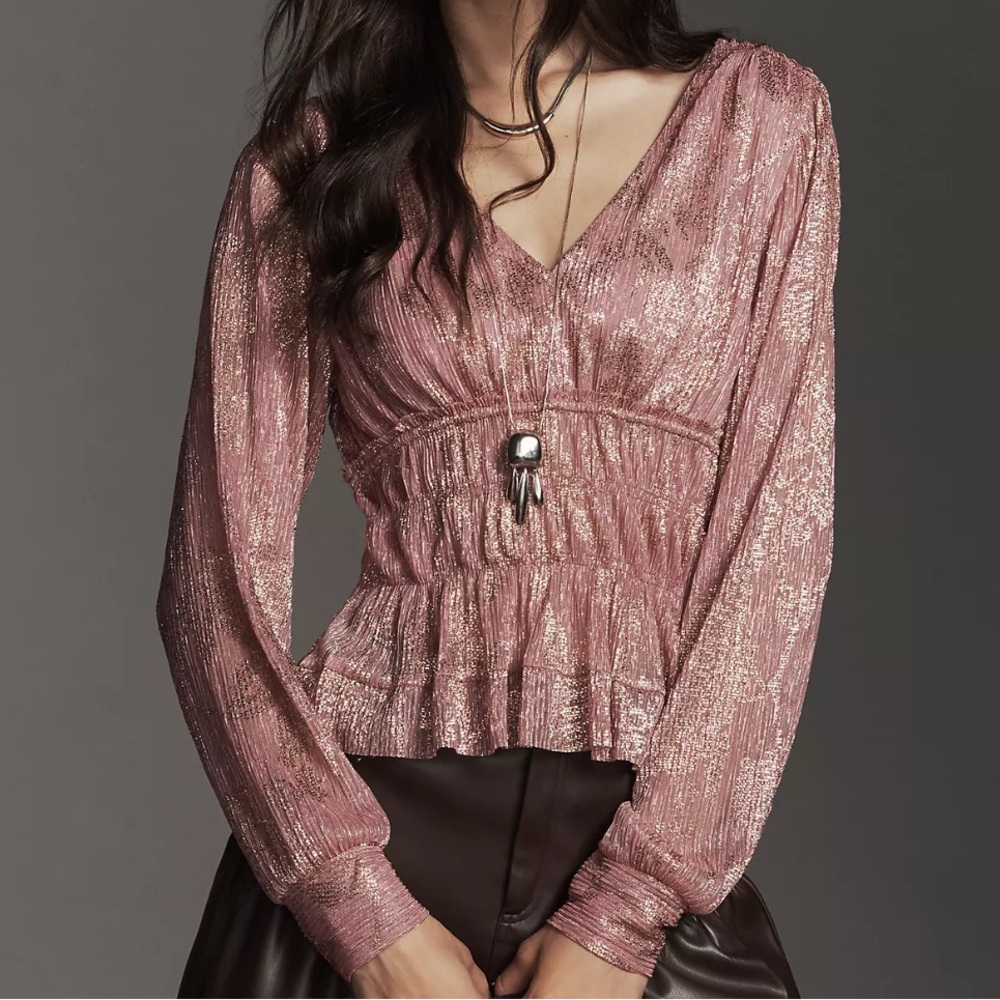 NWT Anthropologie Metallic Smocked Pink Long Sleeve Top Size S
